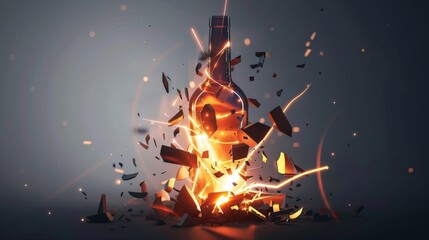Digital art of a shattered bottle with glowing light emerging from it symbolizing breaking free from alcohol addiction with a clean background for presentations