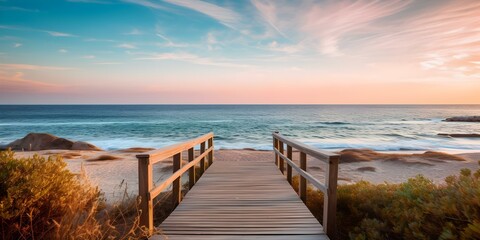 Fototapeta premium Pathway Leading to Sandy Beach with Ocean Sunset View and Scattered Shrubs. Concept Beach Photography, Sunset Landscape, Natural Setting, Coastal Scenery, Scenic Pathway