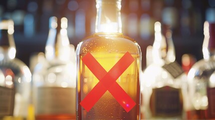 Close up shot of an alcohol bottle with a bright red X mark emphasizing the message of abstaining from drinking