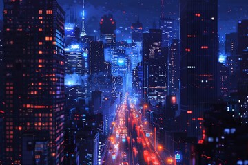 Obraz premium Urban cityscape at night with illuminated skyscrapers and bustling streets under a starry sky