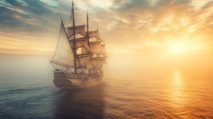 Obraz premium Sailing Ship at Golden Sunset Amidst Serene Sea and Sky