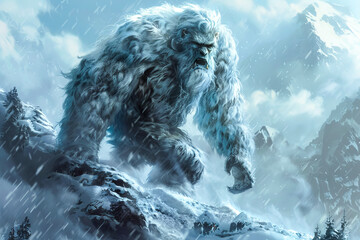 Abominable Snowman.  Generated image.  A digital illustration of an abominable snowman with a fur coloring of gray and white in the wild.
