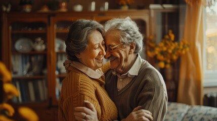Fototapeta premium Happy elderly couple sharing a tender moment in a cozy living room, basking in the warmth of their long lasting love and companionship.