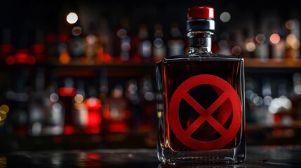 Close up shot of an alcohol bottle with a red circle and slash symbol emphasizing the no drinking message in a stark, impactful manner