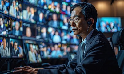 Global finance meeting conducted virtually, screens displaying participants from around the world, connecting economies