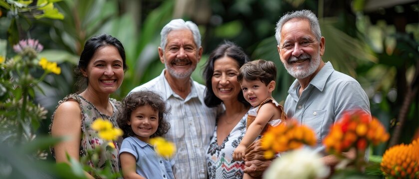 Family portrait in a lush garden, generations linked by hands and hearts, a legacy of love and unity