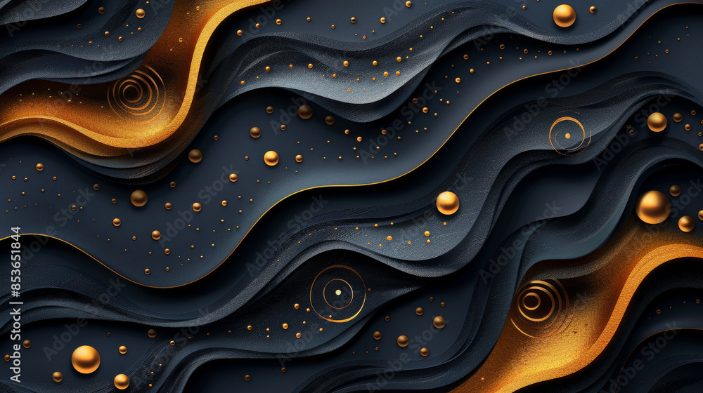 Poster complex 3d design featuring overlapping black and gold motifs, offering a sense of movement. generat