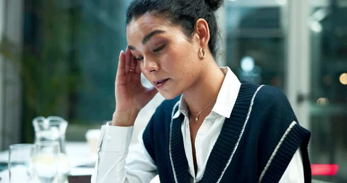 Business woman, stress and headache in office by depression, muscle strain and head massage. Face, tired and overworked entrepreneur person with fatigue, burnout and exhausted worker in night