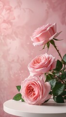 Fototapeta premium Beautiful pink roses in bloom, set against a gentle pink background, showcasing their vibrant color and lush foliage