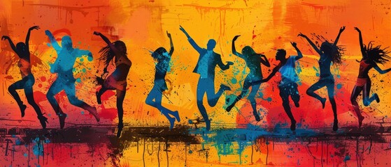 Silhouettes of people dancing with vibrant colors in an abstract background, showcasing energy, movement, and joy in a dynamic composition.