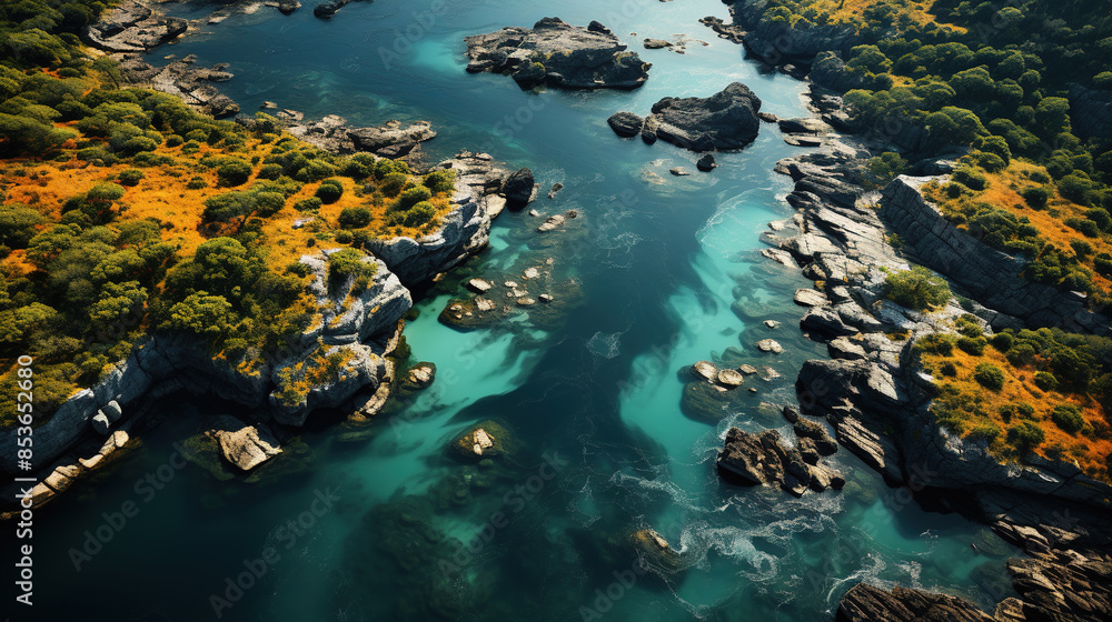 Poster Aerial View  Of The Rainforest And Winding River With Mountains Landscape Background