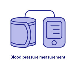 Medical icon of blood pressure tonometer. Blood pressure measuring device. Health medical symbol in blue color. Vector illustration isolated on white background.