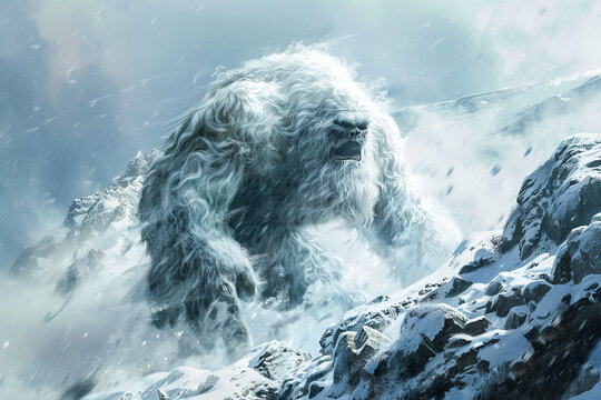 Abominable Snowman.  Generated image.  A digital illustration of an abominable snowman with a fur coloring of gray and white in the wild.