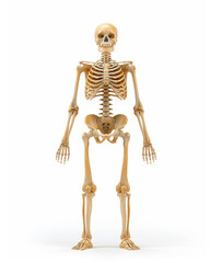 Anatomical skeleton standing with highlighted leg muscles on white background