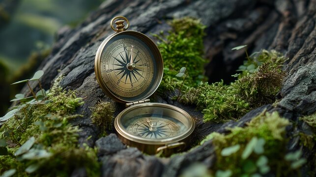 Vintage brass compass on moss-covered tree trunk in a serene forest