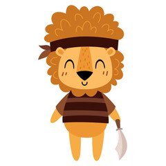 Pirate animal clipart. Lion clipart. Pirate lion in cartoon flat style. Hand drawn vector illustration.