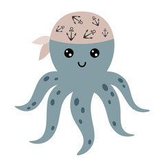Pirate animal clipart. Octopus clipart. Pirate octopus in cartoon flat style. Hand drawn vector illustration.