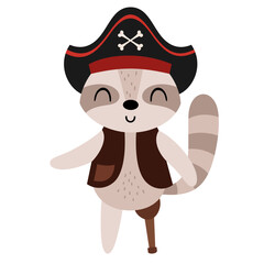 Pirate animal clipart. Raccoon clipart. Pirate raccoon in cartoon flat style. Hand drawn vector illustration.