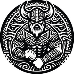 viking in silhouete with Polynesian ethnic pattern illustration