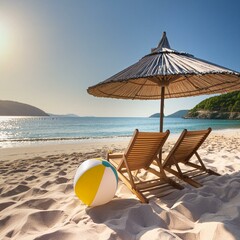 Photo-realistic scene with blue umbrella, vibrant flowers, and palm tree against a clear sky.