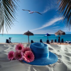 Obraz premium Photo-realistic scene with blue umbrella, vibrant flowers, and palm tree against a clear sky.