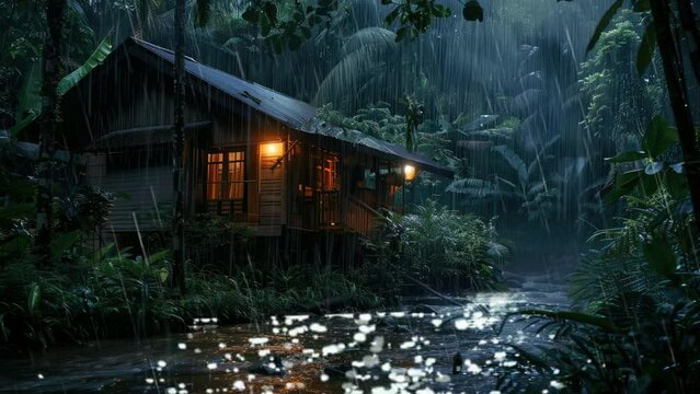 Cozy Cabin in the Rainforest at Night