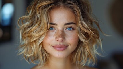 Naklejka premium Captivating close-up of a young woman with natural freckles, bright eyes, and blonde curly hair