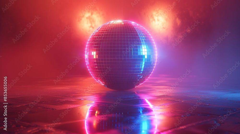 Poster a striking image featuring a disco ball illuminated by dynamic neon lights, creating a lively party 
