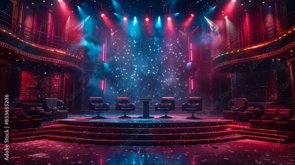 Poster a visually captivating image showcasing an empty futuristic theater stage with cosmic starry backdro