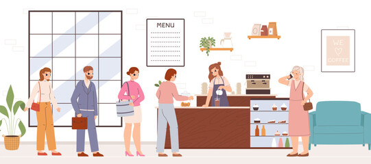Coffee shop. Waiting line in cafe, barista doing latte for client. People in cafeteria before work wait and drink morning drink. Canteen vector scene
