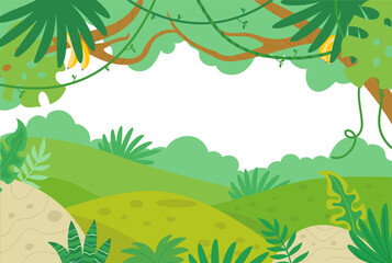 Obraz premium Tropical cartoon location. Exotic landscape with palm leaves, vines and bananas. Green background with empty space for game or book, childish banner vector design