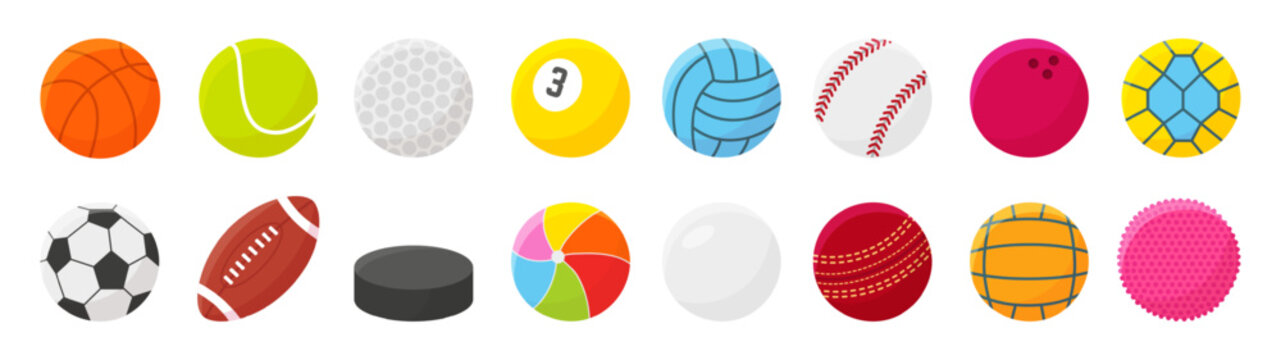 Different sport balls. Cartoon ball for training and workout. Tennis football basketball golf and hockey play equipment. Neoteric sporting vector clipart