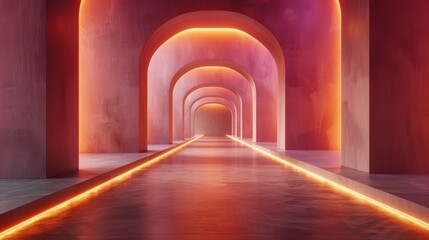 A serene and futuristic corridor with arched ceilings, warmly lit with orange neon lights along the edges for a sleek design