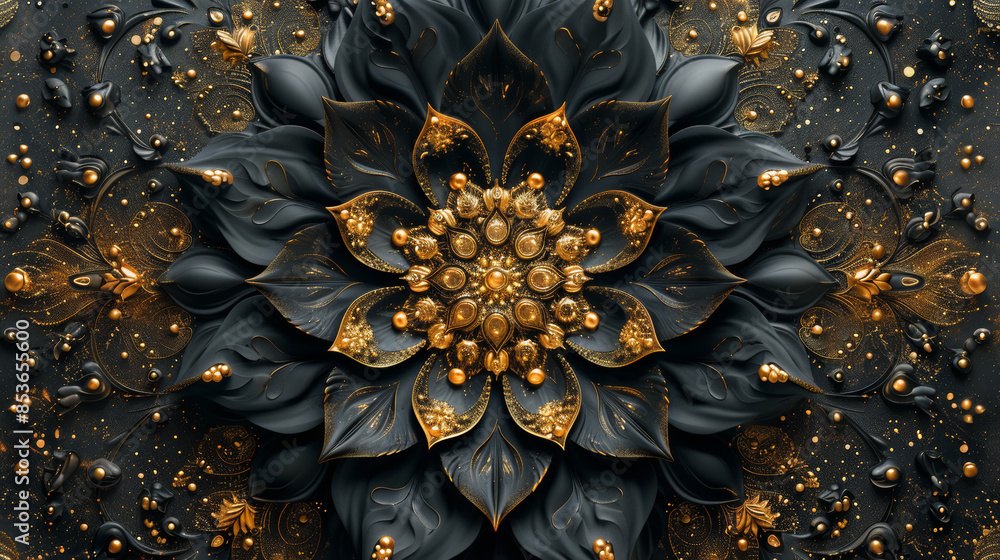 Poster mesmerizing 3d artwork with intricate black and gold designs, creating a captivating abstract visual