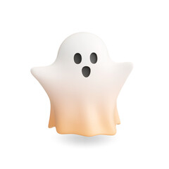 Spooky 3d ghost. Emotional halloween phantom, surprised frightening character. Isolated render realistic afterlife monster, flying specter vector icon