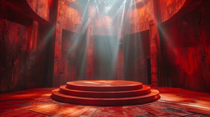 A dramatic red stage set with a central spotlight and smoke to enhance the theatrical atmosphere