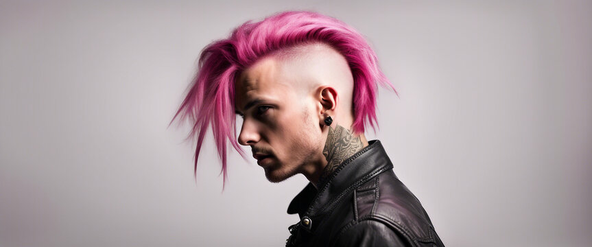 portrait of a man in a punk outfit with dark pink hair shaved on the side, isolated white background