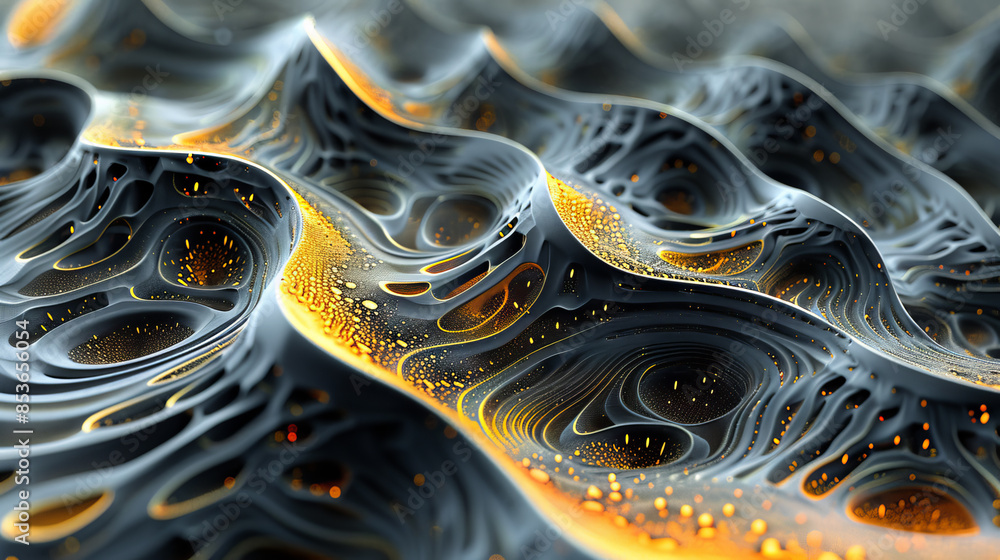 Poster mesmerizing 3d artwork with intricate black and gold designs, creating a captivating abstract visual