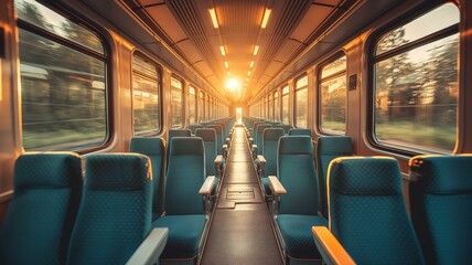 Fototapeta premium Sunset over Serene Empty Train Car with Blue Seats and Vintage Vibes