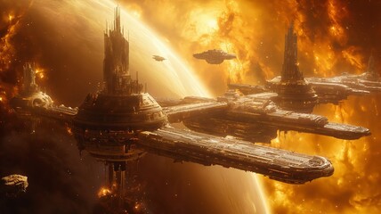 Futuristic Space Station Orbiting Fiery Planet