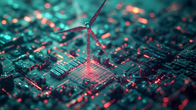 Wind Turbine on a Futuristic Circuit Board Cityscape