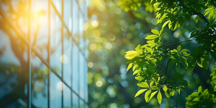 Sustainable Office Building with Green Trees in Sunlight. Concept Sustainable Architecture, Office Buildings, Green Technology, Sunlight, Environmental Design