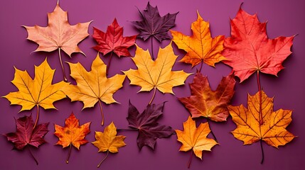 Photograph of a collection of dry maple leaves in various shades of red, orange, and yellow, scattered across a smooth purple background