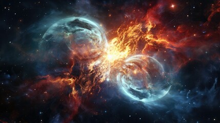 Fototapeta premium Photograph of a collision between two galaxies, their stars and gas intertwining in a cosmic ballet, illuminated by the resulting supernovae