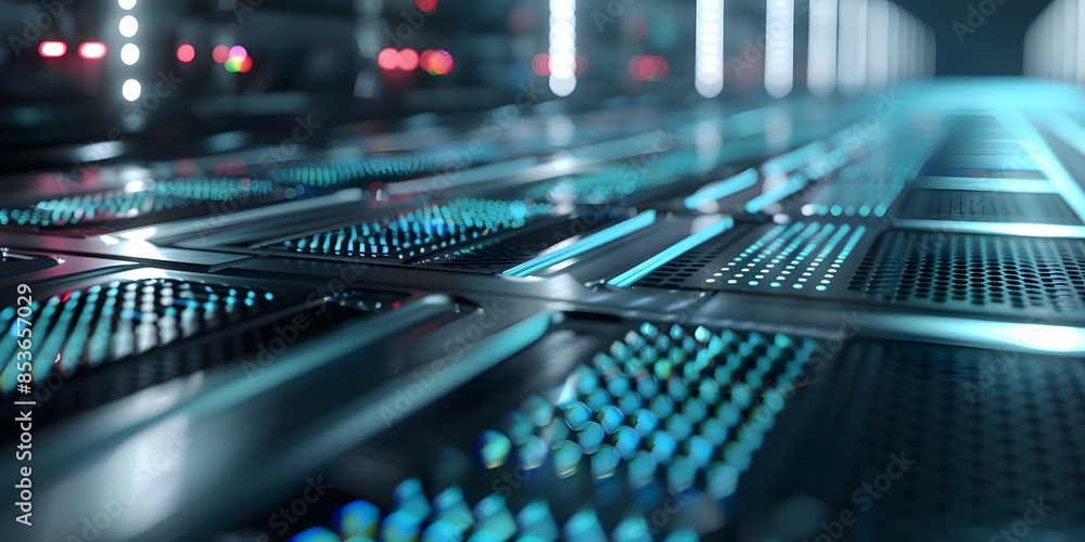Poster exploring the intricate technology texture of a supercomputer through cinematic high contrast lighti