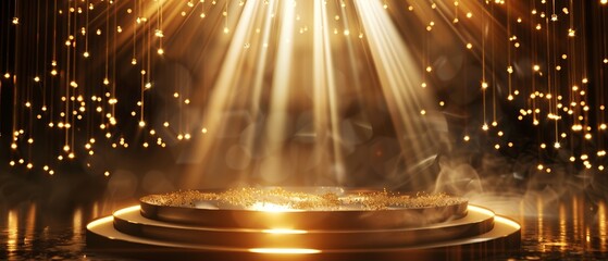 Golden spotlight shines on a circular platform with shimmering particles.