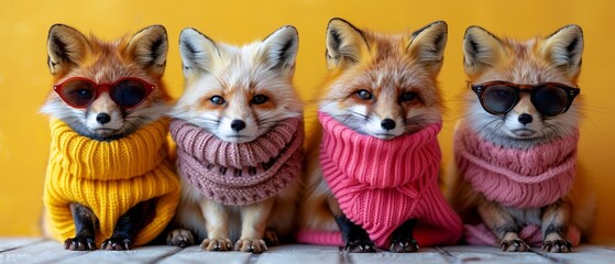 Naklejka premium Four foxes wearing sweaters and sunglasses.