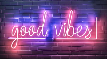 Neon Sign Reading "Good Vibes" on a Purple and Blue Brick Wall Background.