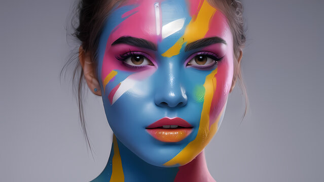 portrait of a woman with colorful makeup. A young woman with artistic, colorful face paint looks curiously at the camera, embodying creativity and artistic expression, contrasting with her natural bea