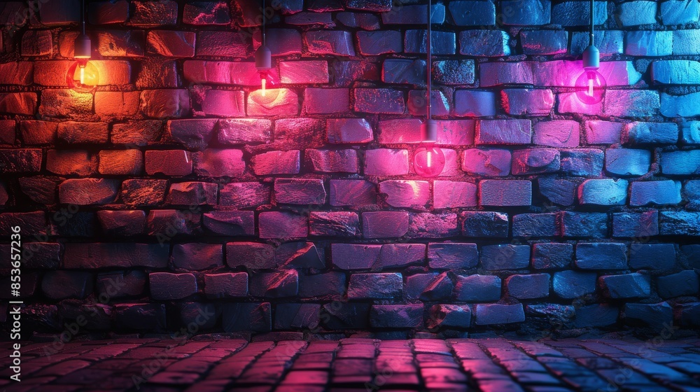 Poster the image features a brick wall with ambient lighting effects, creating a colorful and contrasting v